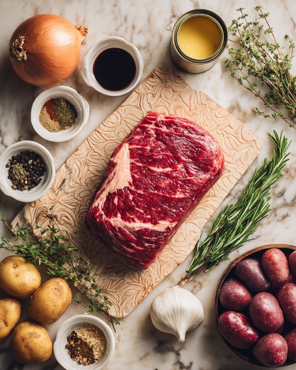 A raw large piece of red meat with white fat marbling lies center on a light carved wooden board with texture, surrounded by small white bowls with dark sauces, various dry spices in shades of beige, black and green, a small cup with light yellow liquid, and an open can with dark red sauce. Fresh green rosemary sprigs are placed to the right of the meat. Around the board, there are whole vegetables, including a golden-brown onion, a smaller tan shallot, a white garlic bulb, and fresh thyme sprigs. A dark bowl of red and purple small potatoes sits at the bottom right. The surface is a white marbled texture photo taken with an iphone --ar 4:5 --v 7