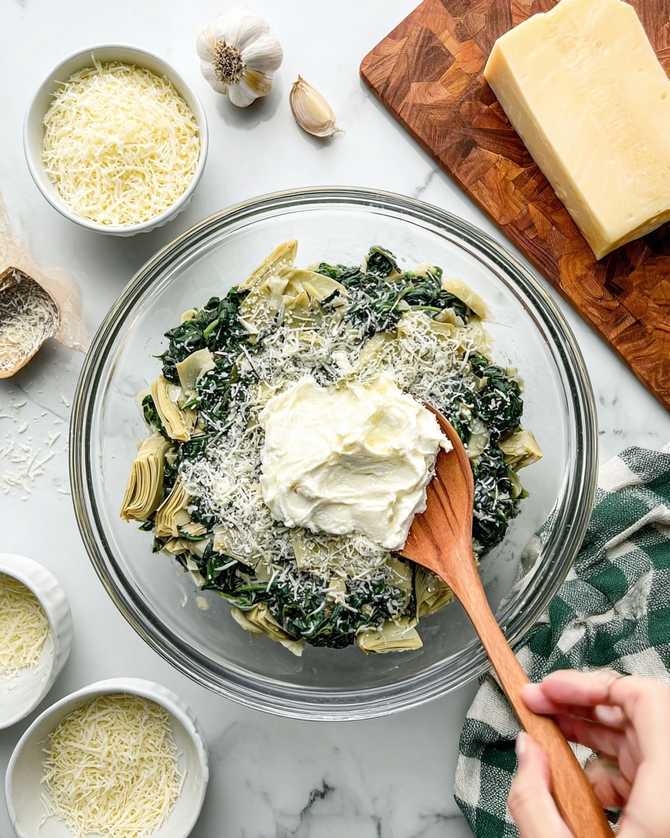 A clear glass bowl sits on a white marbled surface, filled with a mix of cooked spinach and pale green artichoke hearts layered at the bottom. On top of this green base, there is a thick dollop of off-white creamy mixture sprinkled generously with finely grated white cheese, some herbs, and seasoning. A wooden spoon is partially dipped into the bowl, held by a woman's hand, blending the layers slightly. Around the bowl, there are small white bowls filled with grated cheese and creamy white ingredients, along with a block of pale yellow cheese on a wooden board and a head of garlic nearby. A green and white checkered cloth is also placed near the wooden board. Photo taken with an iphone --ar 4:5 --v 7