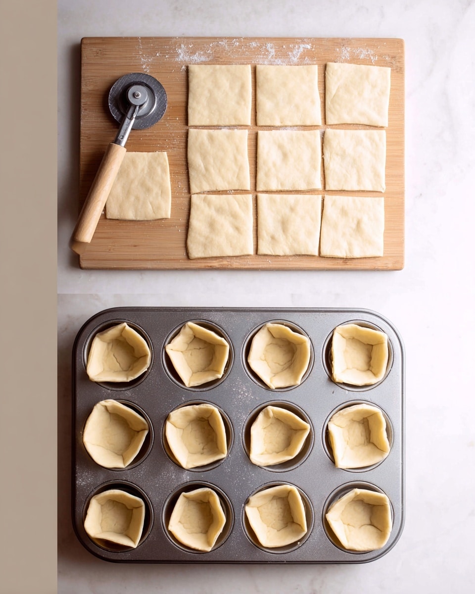 The top part of the image shows two flat, beige dough squares on a wooden board with light markings. The left dough square is cut into four equal rectangles with a pizza cutter resting on it, while the right one is cut into sixteen smaller squares. Below, there is a metal muffin tray with twelve cups, each lined with a beige dough piece pressed into the shape of each cup, creating a smooth curved edge container look. The background surface is a white marbled texture. Photo taken with an iphone --ar 4:5 --v 7