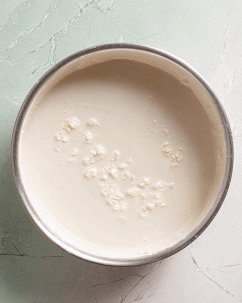 A white pan filled with a creamy light beige liquid, thicker in some spots with small lumps spread on the surface, placed on a white marbled texture background photo taken with an iphone --ar 4:5 --v 7