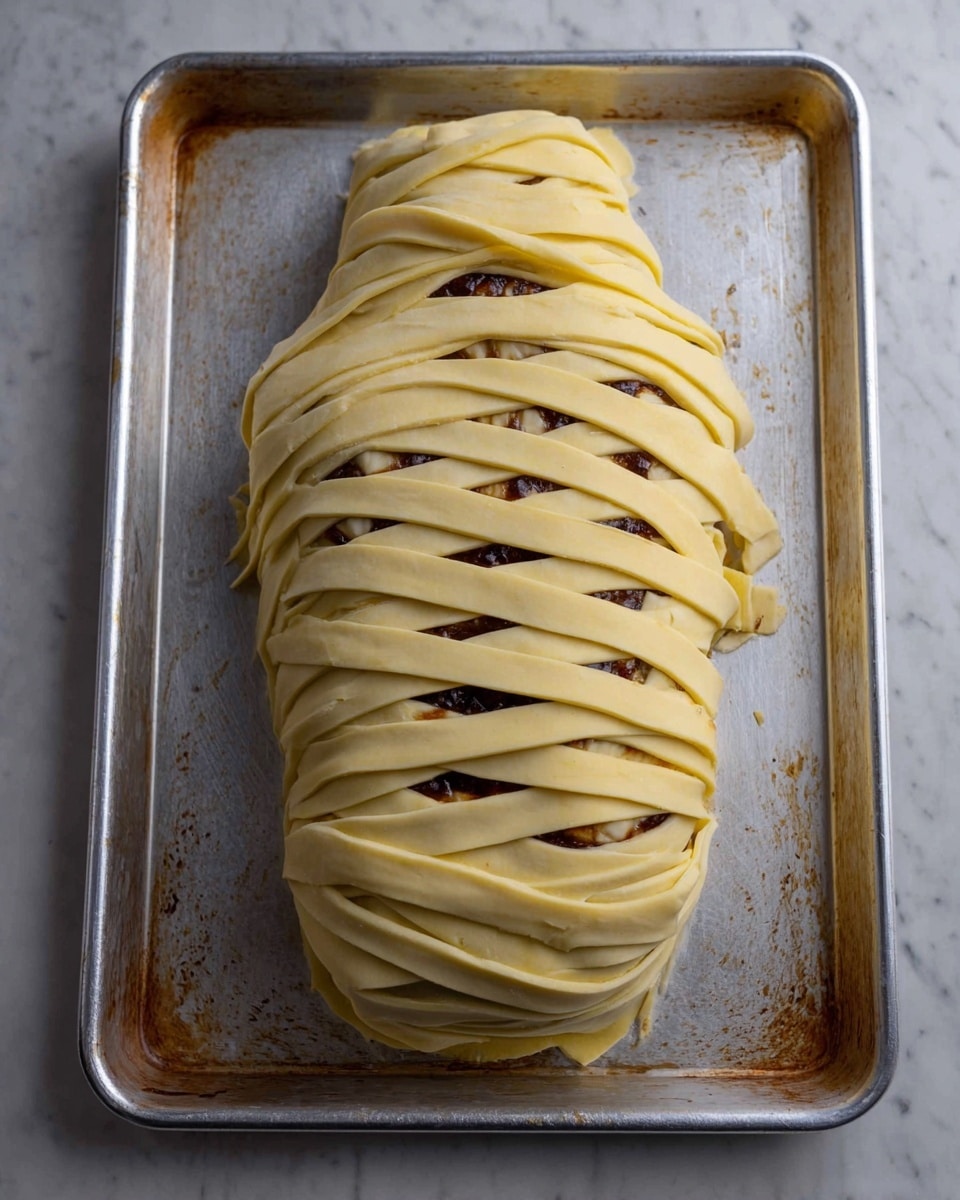 The image shows a food item on a silver baking tray with a white marbled texture underneath. The dish looks like a body shape wrapped with many thin, flat strips of dough, leaving small gaps where a dark brown filling is visible underneath. The dough strips cover the whole shape, overlapping slightly and laid unevenly, creating a layered effect with a light yellow color. The dark filling underneath adds contrast, and the baking tray has slight brown stains near the edges. Photo taken with an iphone --ar 4:5 --v 7