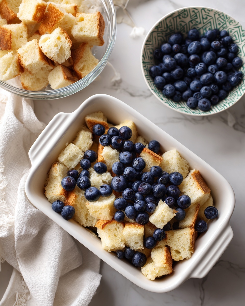 The image shows a white rectangular dish filled with layers of light golden bread cubes topped with scattered fresh blueberries evenly spread on top. Next to the dish, there is a white bowl with a green pattern filled with more blueberries. Behind them, a glass bowl with more light bread cubes is partially visible. Everything is placed on a white marbled surface. photo taken with an iphone --ar 4:5 --v 7