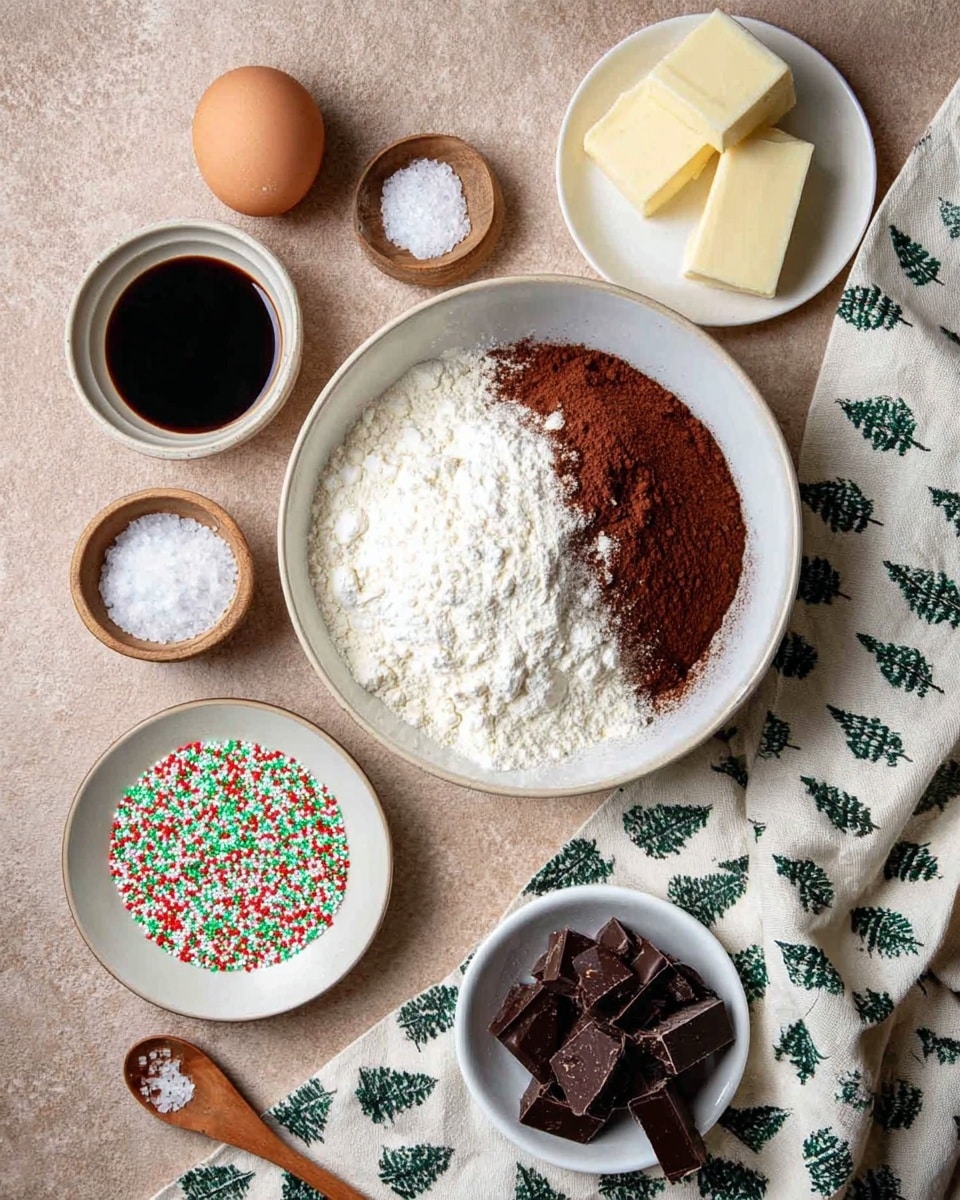 The image shows a top view of various baking ingredients arranged on a light brown textured surface. In the center, there is a white bowl with two layers of dry ingredients: white flour covering most of the bowl and a section of brown cocoa powder on one side. Surrounding the bowl are a white plate with colorful red, green, and white round sprinkles in the bottom left, a whole brown egg at the top left, a small white bowl with dark soy sauce near the egg, a white plate with slices of butter on the top right, and a small white bowl with broken dark chocolate pieces on the lower right. There is a small wooden spoon with white salt near the left center and an empty small white bowl at the bottom. A cream cloth with dark green pine tree prints is draped near the right side of the scene. photo taken with an iphone --ar 4:5 --v 7
