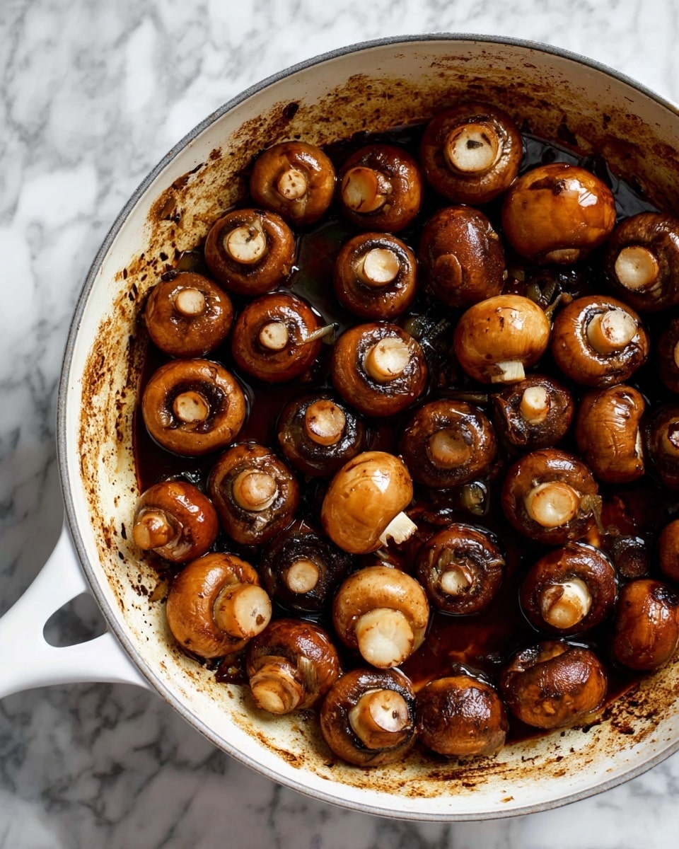 A white pan filled with whole brown mushrooms cooked until shiny and soft, with some mushrooms showing their white inner ring. The mushrooms are covered in a dark sauce that pools lightly at the bottom of the pan, with browned bits clinging to the pan's sides. The pan has a white handle and sits on a white marbled surface that contrasts with the mushrooms’ rich, warm colors. Photo taken with an iphone --ar 4:5 --v 7