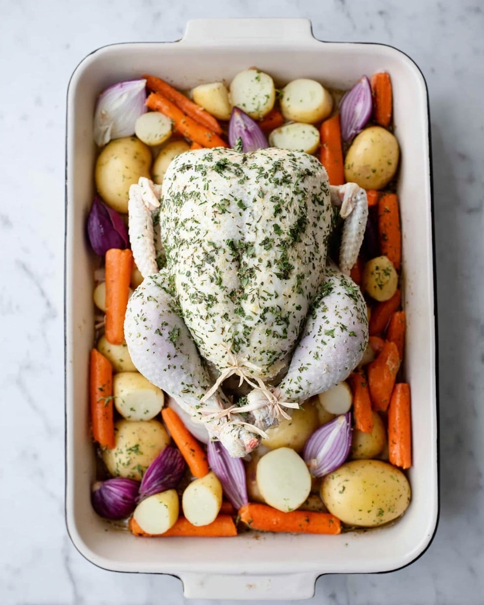 A white rectangular baking dish filled with a whole raw chicken placed in the center, covered in a light herb seasoning, tied at the legs with string. Surrounding the chicken are three layers of vegetables: thick orange carrot sticks, small round yellow potatoes, large white potato chunks, and halves of purple shallots, all sprinkled lightly with green herbs. The vegetables fill the dish evenly around the chicken, layering the bottom and edges in a colorful mix. The dish sits on a white marbled surface. Photo taken with an iphone --ar 4:5 --v 7