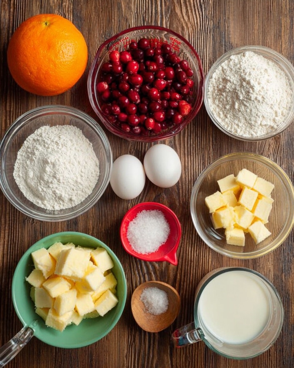 The image shows a wooden table with several clear glass bowls and small dishes holding different ingredients. In the center is a bright orange, next to two white eggs. A medium-sized clear glass measuring cup holds bright red cranberries, and a small red bowl holds white sugar. Another small clear bowl contains light yellow butter cubes, and there is a small green dish with baking powder, as well as a tiny wooden dish with salt. A larger clear glass bowl contains white flour, and a clear glass measuring cup holds a small amount of milk. The arrangement is neat, and the colors of the ingredients like orange, red, white, and yellow stand out on the wooden surface. Photo taken with an iphone --ar 4:5 --v 7