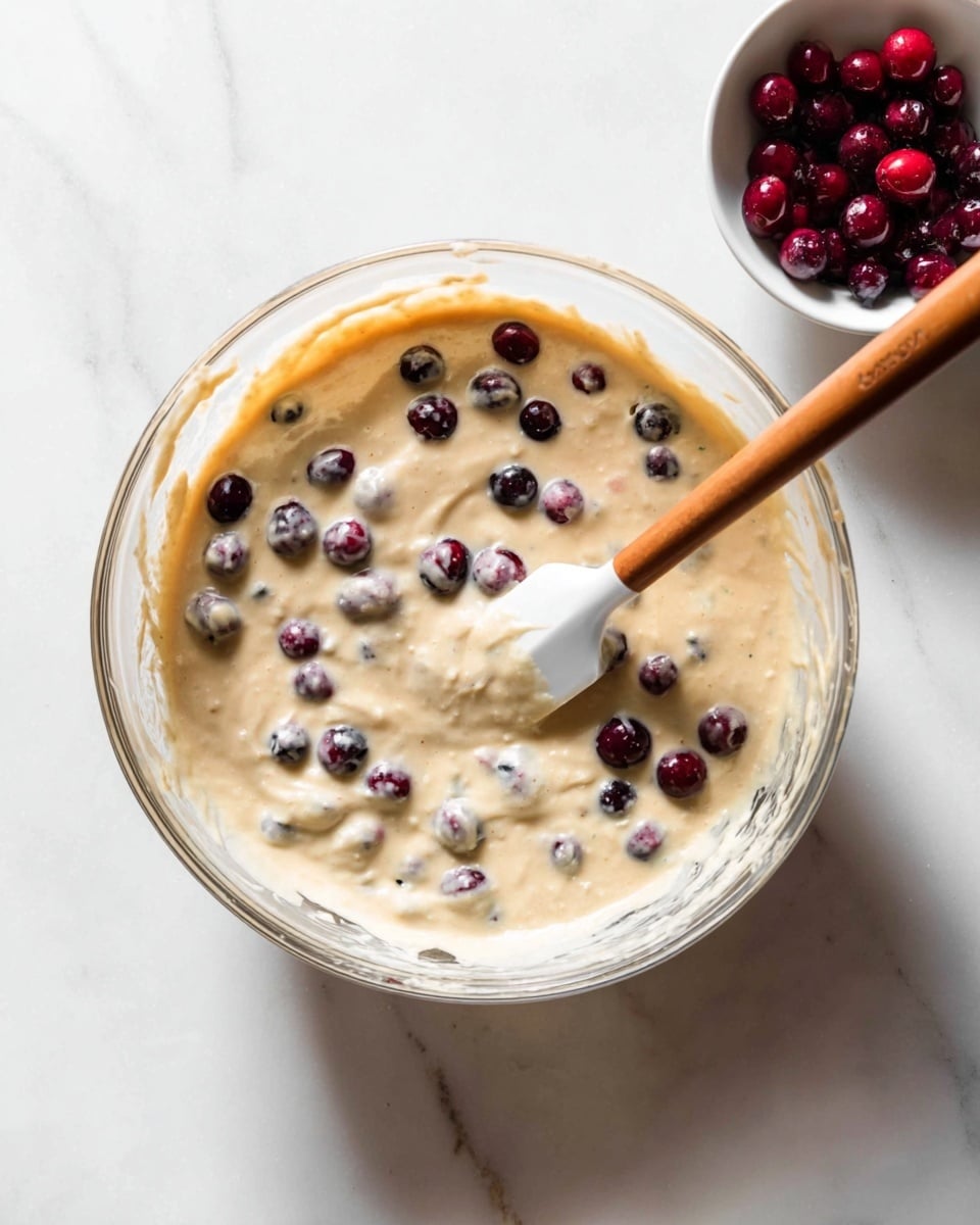 A clear glass bowl sits on a white marbled surface, filled with a creamy light beige batter mixed with whole purple and dark red berries scattered evenly throughout. A white spatula with a brown handle rests inside the bowl, partially covered in batter and berries. Next to the bowl is a small white dish filled with additional dark red berries. The scene captures a simple mixing moment with soft, natural light highlighting the smooth texture of the batter and the round, glossy berries photo taken with an iphone --ar 4:5 --v 7