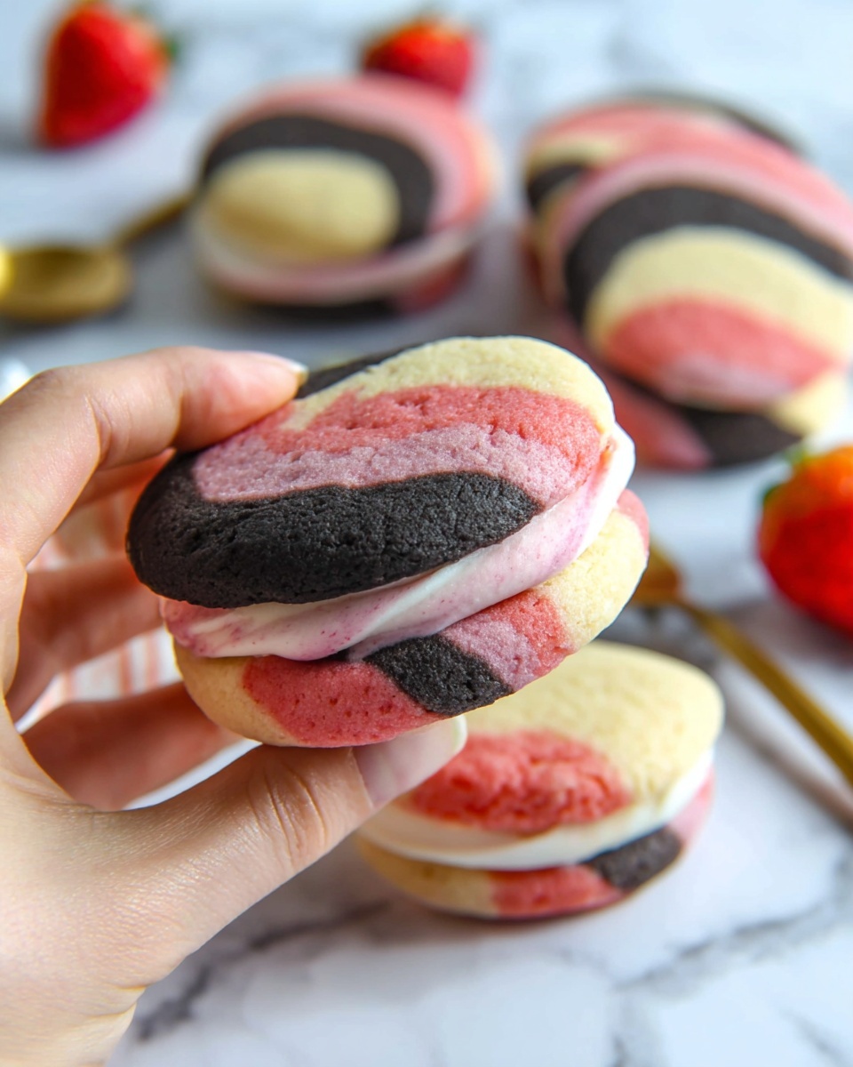 A woman's hand holds a round cookie sandwich made of three swirled cookie layers with colors of black, pink, and pale yellow. Inside is a thick layer of frosting with swirled stripes of white, pink, and black, visible around the edge of the sandwich. On the white marbled background, three more cookie sandwiches with the same color pattern lie flat. Other elements include blurred strawberries and gold spoons in the background. photo taken with an iphone --ar 4:5 --v 7