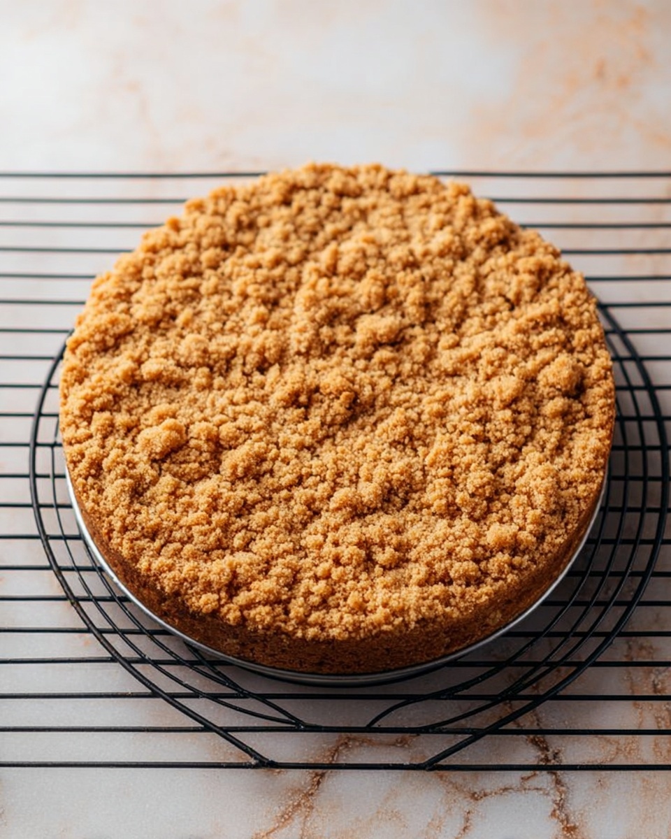 A round crumb cake sits on a black wire cooling rack with a white marbled surface below. The cake has a thick, golden brown crumb topping that looks crunchy and uneven, covering the entire top. The crumbs vary in size, giving the surface a rough texture. The cake is in a round metal pan with straight sides, showing no visible layers inside. Photo taken with an iphone --ar 4:5 --v 7