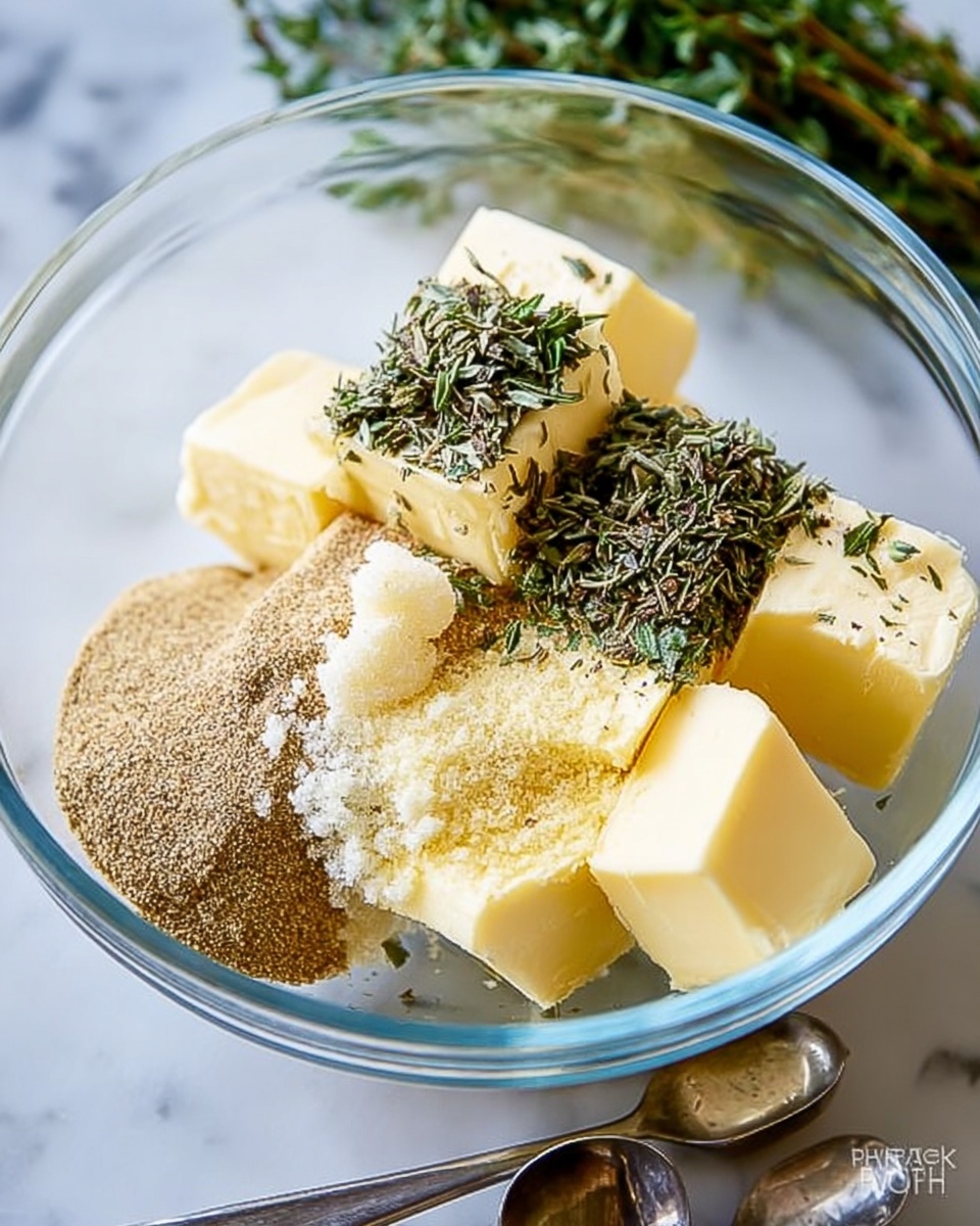 A clear glass bowl holds several soft, light yellow butter cubes topped with a mix of dried green herbs, coarse black pepper, light brown seasoning powder, and a small mound of pale minced garlic, all arranged in separate piles on top of the butter. The bowl is set on a white marbled surface with a pair of silver measuring spoons lying flat next to it. Some green fresh herbs are visible blurred in the background. Photo taken with an iphone --ar 4:5 --v 7