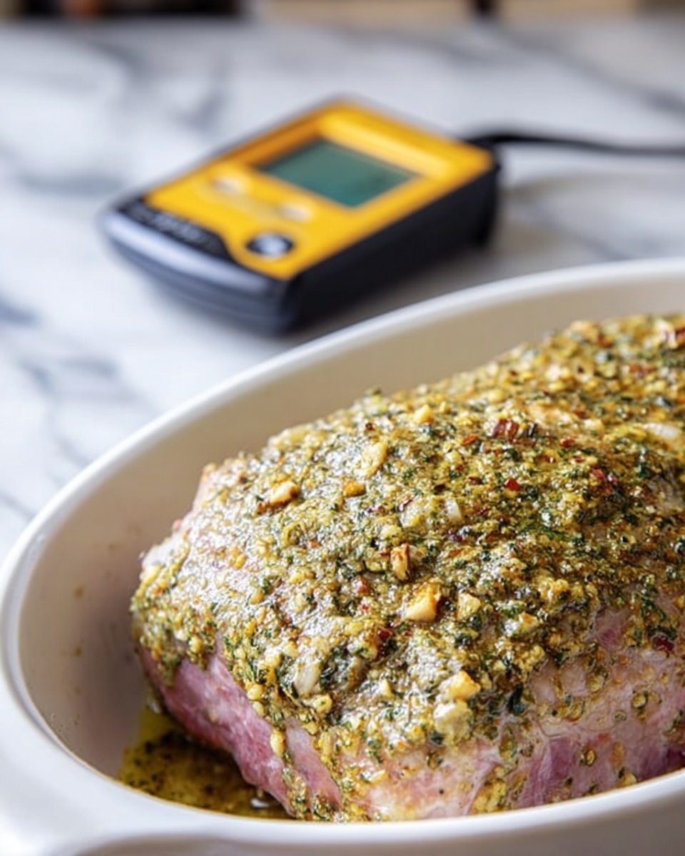 A large piece of seasoned meat covered with a thick coating of green and yellow herb sauce is placed in a white oval dish. The meat is pink with some browned areas showing through the herb mixture. Small bits of herbs and spices are spread evenly on the sauce's surface. In the background, there is a digital thermometer with a yellow frame resting on a white marbled surface. The photo taken with an iphone --ar 4:5 --v 7