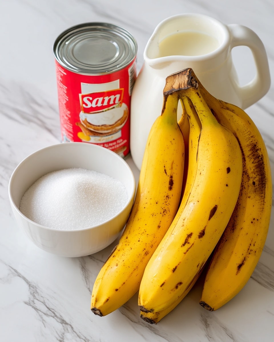 The image shows a bunch of ripe yellow bananas with brown spots, a white bowl filled with white granulated sugar, a white plastic jug of milk with a red label, and a small silver can of condensed milk placed on a white marbled surface. The items are arranged close together with the bananas leaning slightly to the left, the sugar bowl in front, the milk jug to the right, and the can in front of the jug. Photo taken with an iphone --ar 4:5 --v 7