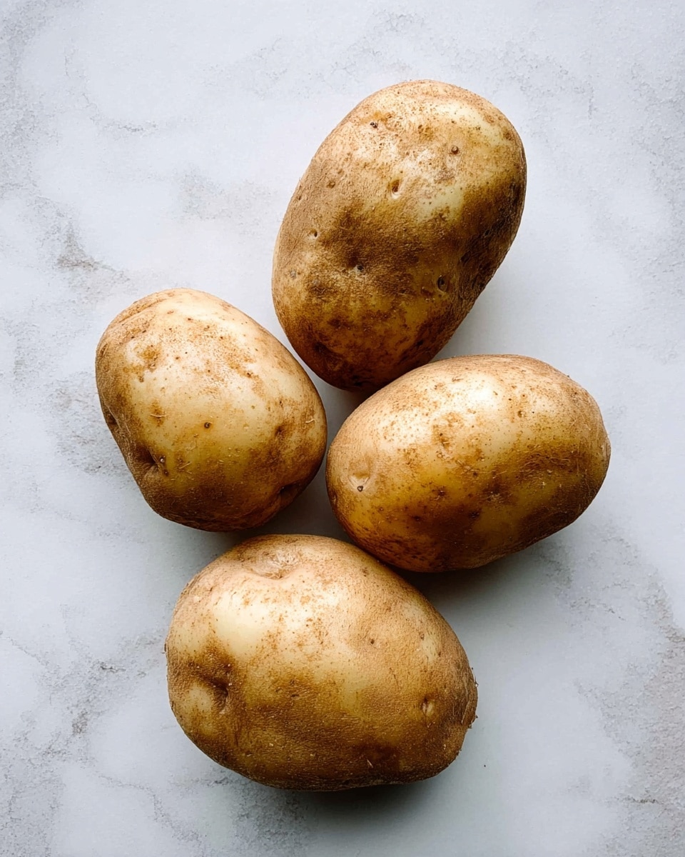 Four raw potatoes with rough, light brown skin lie scattered on a white marbled surface. The potatoes vary slightly in shape and size, with some more oval and others rounder, all showing natural spots and small indentations on their textured skin. photo taken with an iphone --ar 4:5 --v 7