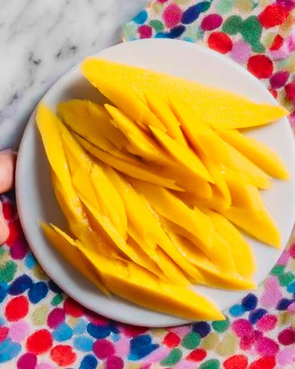 The image shows a white plate filled with bright yellow mango slices arranged in two separate piles. The mango pieces are smooth and shiny, with a soft texture visible on the surface. The plate sits on a colorful floral cloth that has red, blue, green, and pink spots, contrasting with the white marbled surface beneath. A woman's hand is gently holding the edge of the plate on the left side. photo taken with an iphone --ar 4:5 --v 7