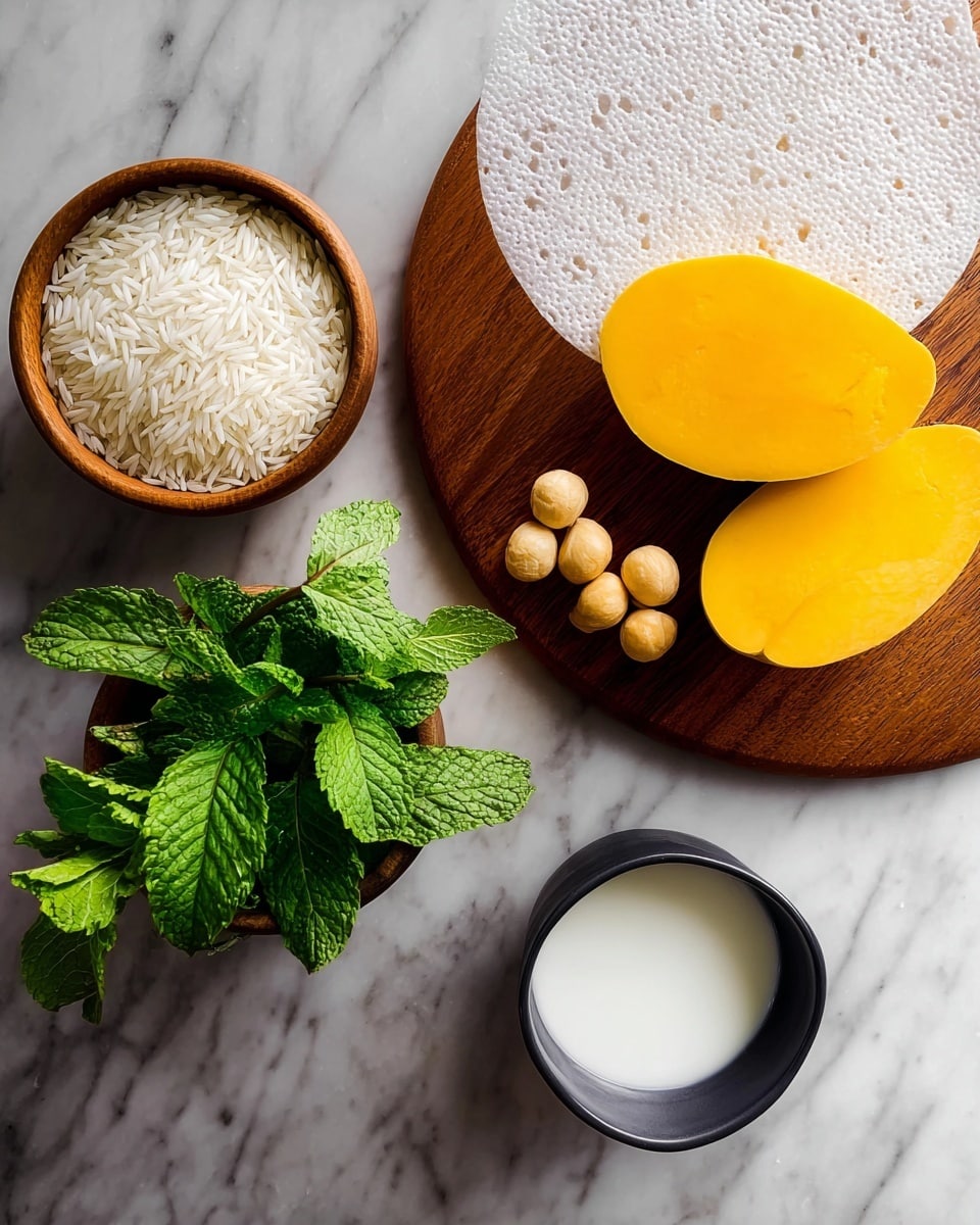 The image shows several fresh ingredients arranged neatly on a white marbled surface. There is a small wooden bowl filled with white rice grains on the left side. In the top right corner, a round wooden board holds a white rice paper sheet, two halves of a bright yellow mango with smooth texture, and five round, light brown macadamia nuts. Below the wooden board, a small wooden bowl is filled with fresh green mint leaves that have a slightly rough texture. At the bottom of the image, a small dark bowl contains smooth white coconut milk. The overall scene is bright and clean with clear colors and different textures. Photo taken with an iphone --ar 4:5 --v 7