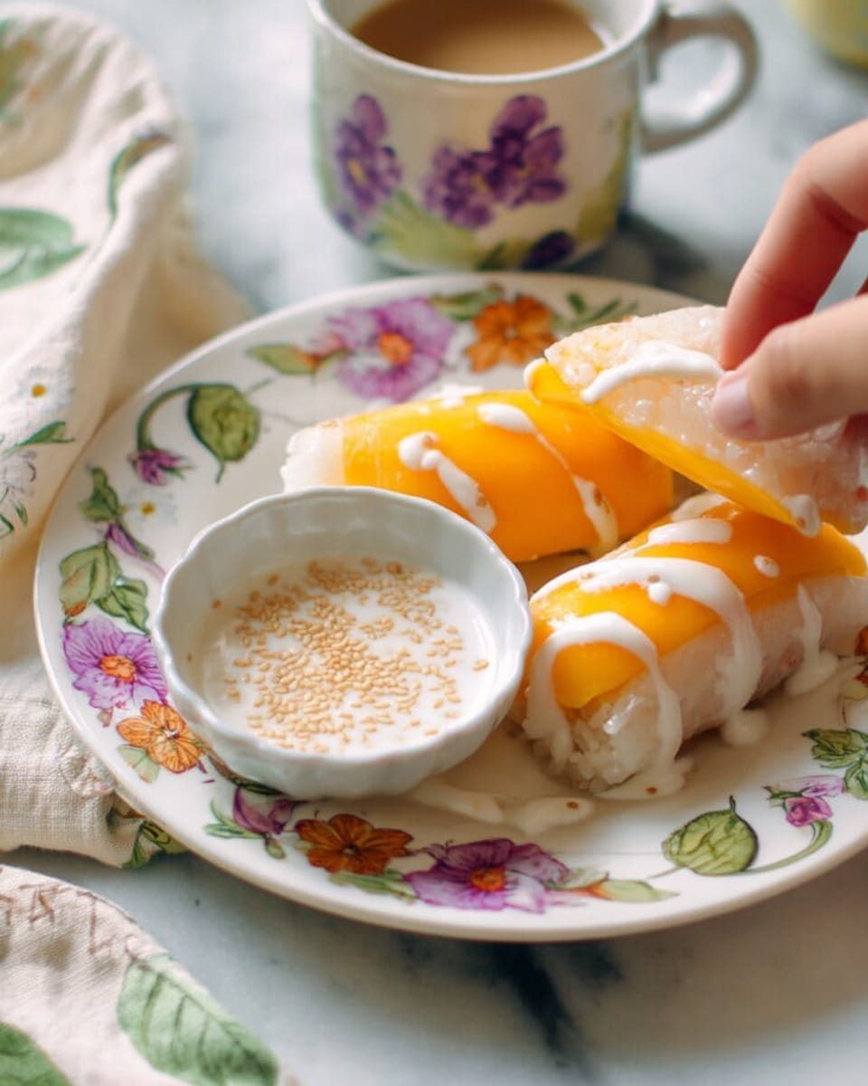 A white plate with a floral pattern holds two rolls with a soft, translucent, slightly yellow and orange outer layer. One roll is dipped into a small white bowl filled with thick white sauce topped with a few sesame seeds. The plate also has some sliced yellow fruit next to the rolls, drizzled with white sauce. A woman's hand is shown holding one roll, dipping it into the sauce. All of this is placed on a white marbled surface with a light-colored cloth featuring green leaf and red heart patterns nearby. Photo taken with an iphone --ar 4:5 --v 7