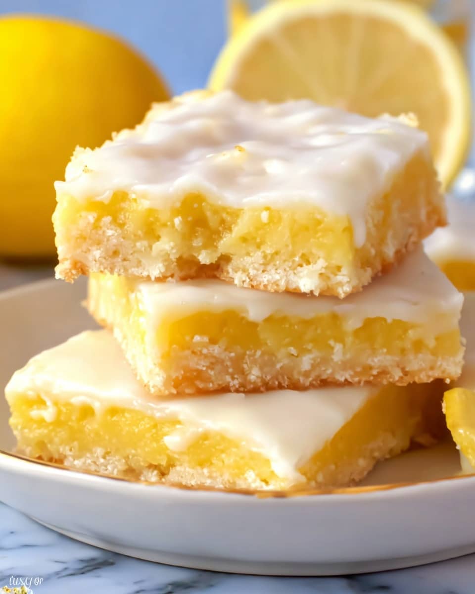 The image shows three square lemon bars stacked on a white plate, each bar with a thick, pale yellow filling layer that looks soft and moist, topped with a smooth, shiny white glaze layer that coats the top evenly. The edges of the bars have a slight crumbly texture, and the close-up view highlights the contrast between the creamy glaze and the bright yellow filling. In the background, there is a blurred yellow lemon and a white marbled surface. photo taken with an iphone --ar 4:5 --v 7