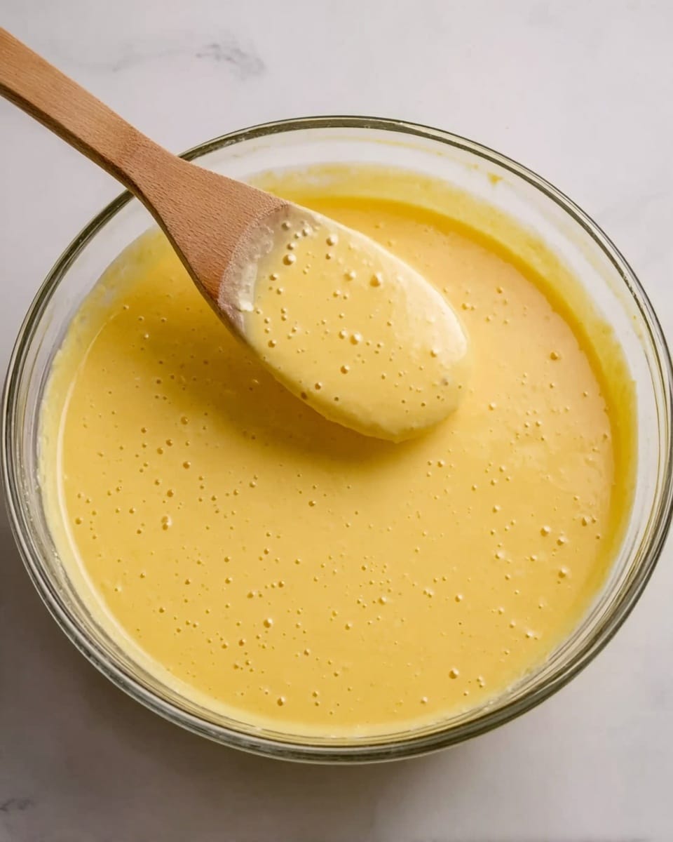 A clear glass bowl filled with thick yellow batter with some small air bubbles showing on the surface inside the bowl. A wooden spoon with a flat rounded end is held above the bowl, covered in the same yellow batter that is smooth but spotted with small bubbles. The bowl is placed on a white marbled surface. photo taken with an iphone --ar 4:5 --v 7