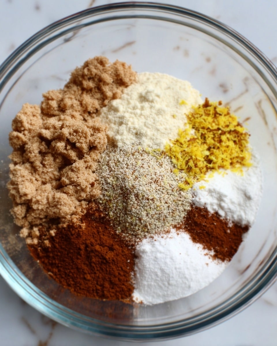 The image shows a clear glass bowl with eight different dry ingredients placed separately inside. Starting from the top left and moving clockwise, there is a clumpy light brown layer, followed by a smooth white powder, a speckled coarse beige layer with yellow zest on top, another fine white powder, a dark brown fine powder, a small white powder patch near the center bottom, a larger patch of reddish-brown powder, and a small white patch close to the center. The bowl is placed on a white marbled surface. photo taken with an iphone --ar 4:5 --v 7