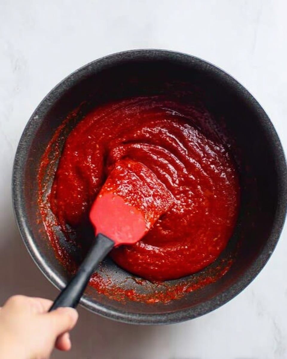 A close-up image of a thick, bright red sauce with a shiny and slightly chunky texture being spread inside a dark cooking pot using a red spatula held by a woman's hand. The sauce looks rich and vibrant, sitting on the smooth surface of the pot, which is set against a white marbled background. photo taken with an iphone --ar 4:5 --v 7