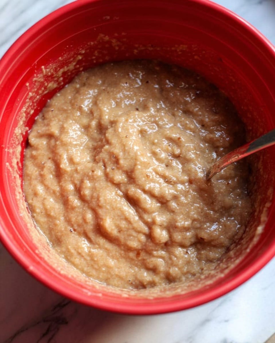 A close-up view of a red bowl filled with a thick, lumpy, light brown mixture with a slightly shiny texture. A metallic spoon is partially visible, stirring the mixture inside the bowl. The background is a white marbled surface. photo taken with an iphone --ar 4:5 --v 7