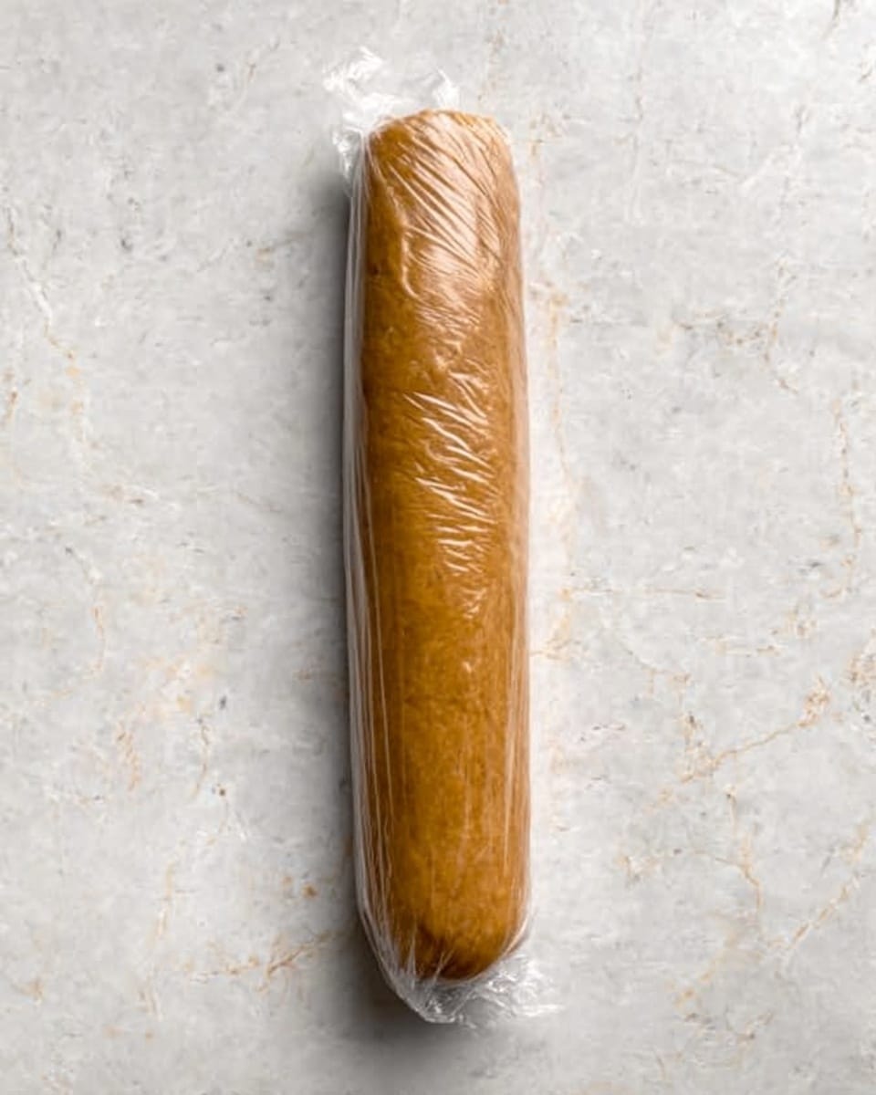 A long, smooth, light brown dough or mixture tightly wrapped in clear plastic wrap, resting on a white marbled surface. The shape is cylindrical, and the texture looks dense but even, with no visible cracks or uneven parts. The plastic wrap is twisted at both ends, sealing the contents inside clearly. Photo taken with an iphone --ar 4:5 --v 7