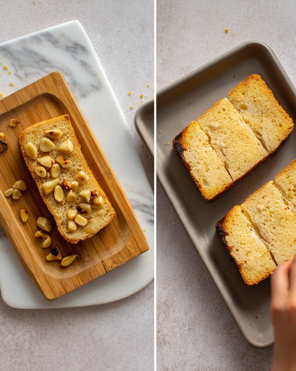 The image shows two parts: on the left, a small white marbled surface holds a wooden board with golden roasted garlic cloves arranged unevenly in the middle. On the right, a gray tray carries two large pieces of toasted light golden brown rectangular bread slices neatly positioned side by side, each piece showing a textured and slightly crispy surface. A woman's hand is seen on the edge of the wooden board. Photo taken with an iphone --ar 4:5 --v 7