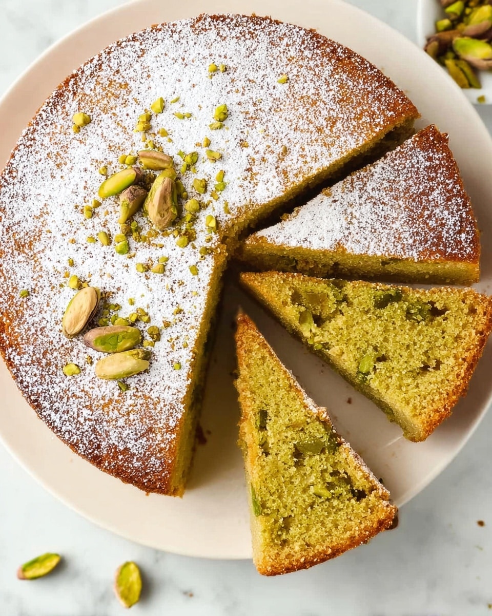 A round pistachio cake with a golden brown crust sits on a white plate on a white marbled surface. The cake is cut into five slices, two slices are turned on their side showing a moist, greenish pistachio textured inside with small pistachio pieces. The top of the cake and slices are dusted with a light layer of white powdered sugar, adding a delicate touch. Several whole pistachios are placed near the cake on the plate. Photo taken with an iphone --ar 4:5 --v 7