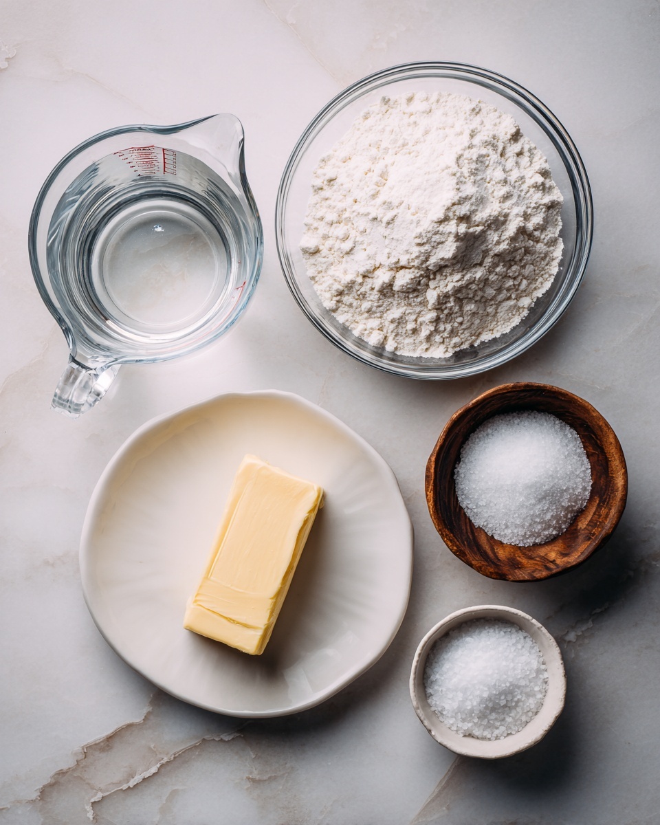 A clear measuring cup with water sits on the left on a white marbled surface, followed by a clear glass bowl full of white flour placed above a white plate holding a pale yellow stick of butter in the center. To the right of the plate, a small wooden bowl contains coarse salt, and below that, a small white bowl holds white granulated sugar. photo taken with an iphone --ar 4:5 --v 7