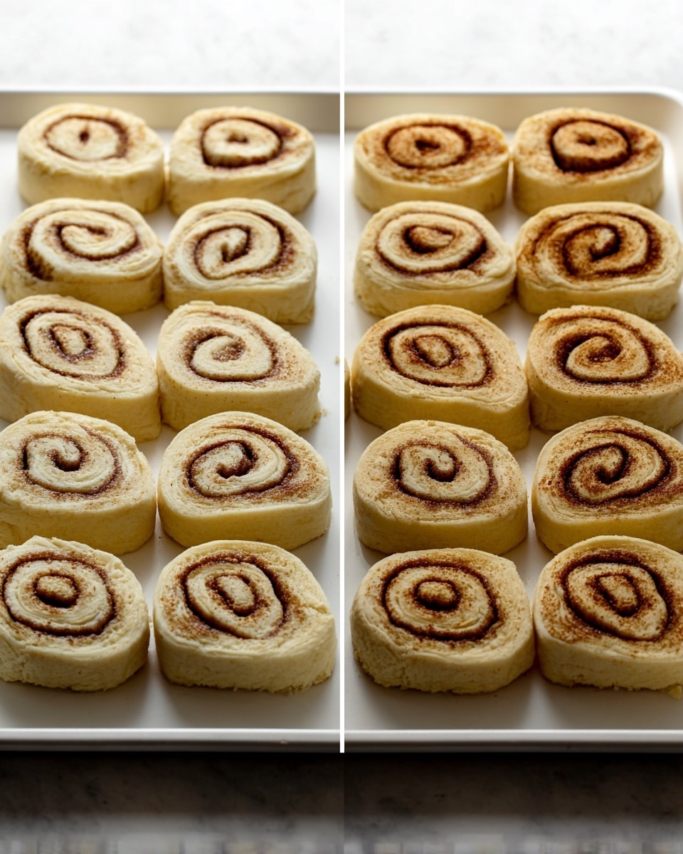 The image shows two views of cinnamon roll dough pieces arranged in rows on a white tray. On the left, the dough pieces are raw and pale cream in color, each with a spiral of cinnamon sugar filling visible inside. On the right, the dough pieces are baked, golden brown with a slightly darker cinnamon swirl inside, showing a soft and slightly flaky texture on top. The tray is placed on a white marbled surface. photo taken with an iphone --ar 4:5 --v 7