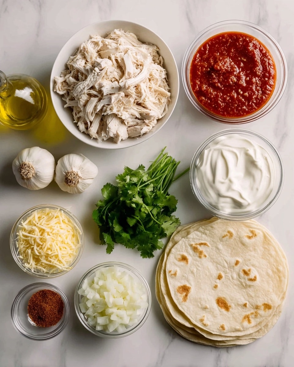 The image shows ingredients for a meal arranged on a white marbled surface. In the top left, there is a white bowl filled with shredded cooked chicken that is white with some light brown parts. To the right of this bowl, there is a smaller clear bowl with thick red salsa that has a slightly rough texture. Next to the salsa is a glass bottle with yellow olive oil. Below the chicken bowl, there are two whole garlic bulbs with a smooth, papery white skin. Below and slightly to the right of the garlic, there is a bunch of bright green cilantro with leafy textures. To the right of the cilantro, a small clear bowl holds white sour cream with a creamy, smooth surface. Above the sour cream is another smaller clear bowl filled with shredded yellow cheese. Below the cheese bowl, there is a clear bowl with small diced white onions. Next to the diced onions, on the right side of the image, there are five stacked white tortillas with light brown spots and a soft texture. Between the tortillas and the diced onions, there is a small white bowl containing reddish-brown spice powder. The colors and textures create a layered and balanced visual of fresh ingredients ready to be prepared. Photo taken with an iphone --ar 4:5 --v 7