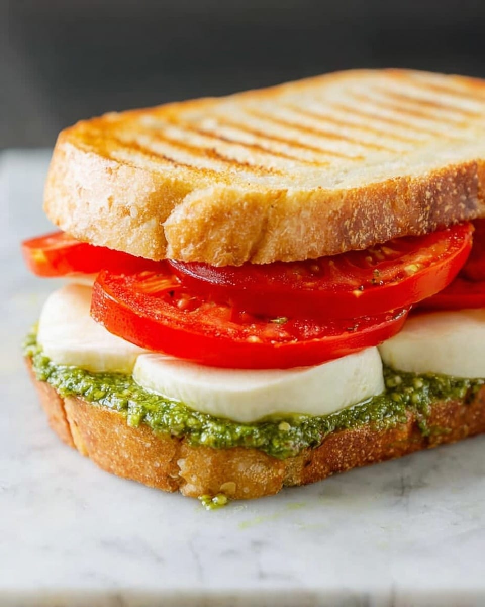 A sandwich with two layers of slightly toasted crusty bread slices, the top slice showing a light golden texture. Inside, on the bottom layer of bread, there is a bright green pesto spread with a slightly chunky texture. Above the pesto, there are thick slices of white mozzarella cheese, smooth and fresh-looking. On top of the cheese, there are vibrant red slices of tomato with a glossy surface, slightly overlapping each other. The sandwich is set on a white marbled surface. photo taken with an iphone --ar 4:5 --v 7