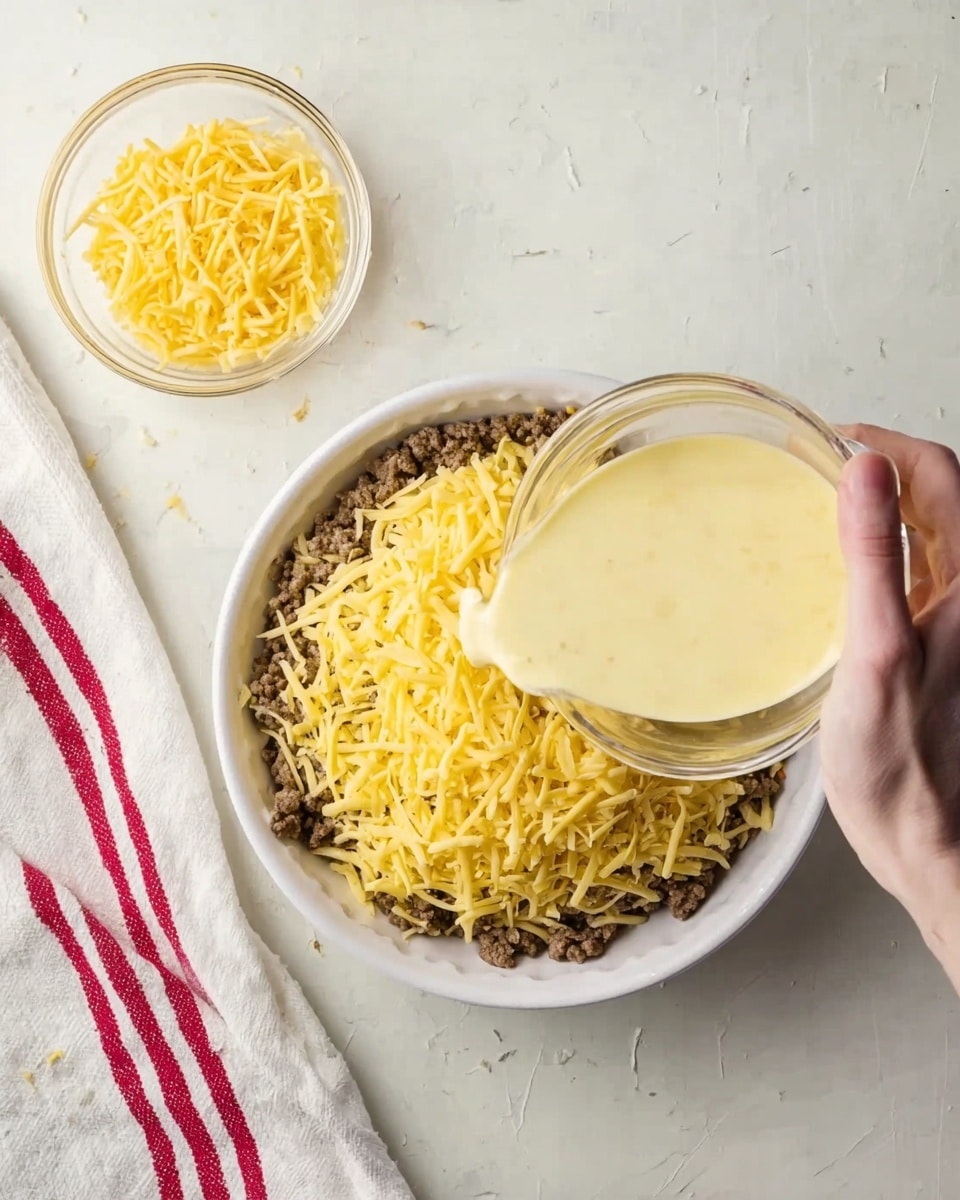 A white round dish on a white marbled surface contains a layer of cooked ground meat at the bottom, topped with a layer of shredded yellow cheese. A woman's hand is pouring a creamy, pale yellow sauce over the cheese from a clear glass bowl. Next to the dish, there is a small clear bowl with some remaining shredded cheese. A white cloth with red stripes lies folded near the dish. Photo taken with an iphone --ar 4:5 --v 7