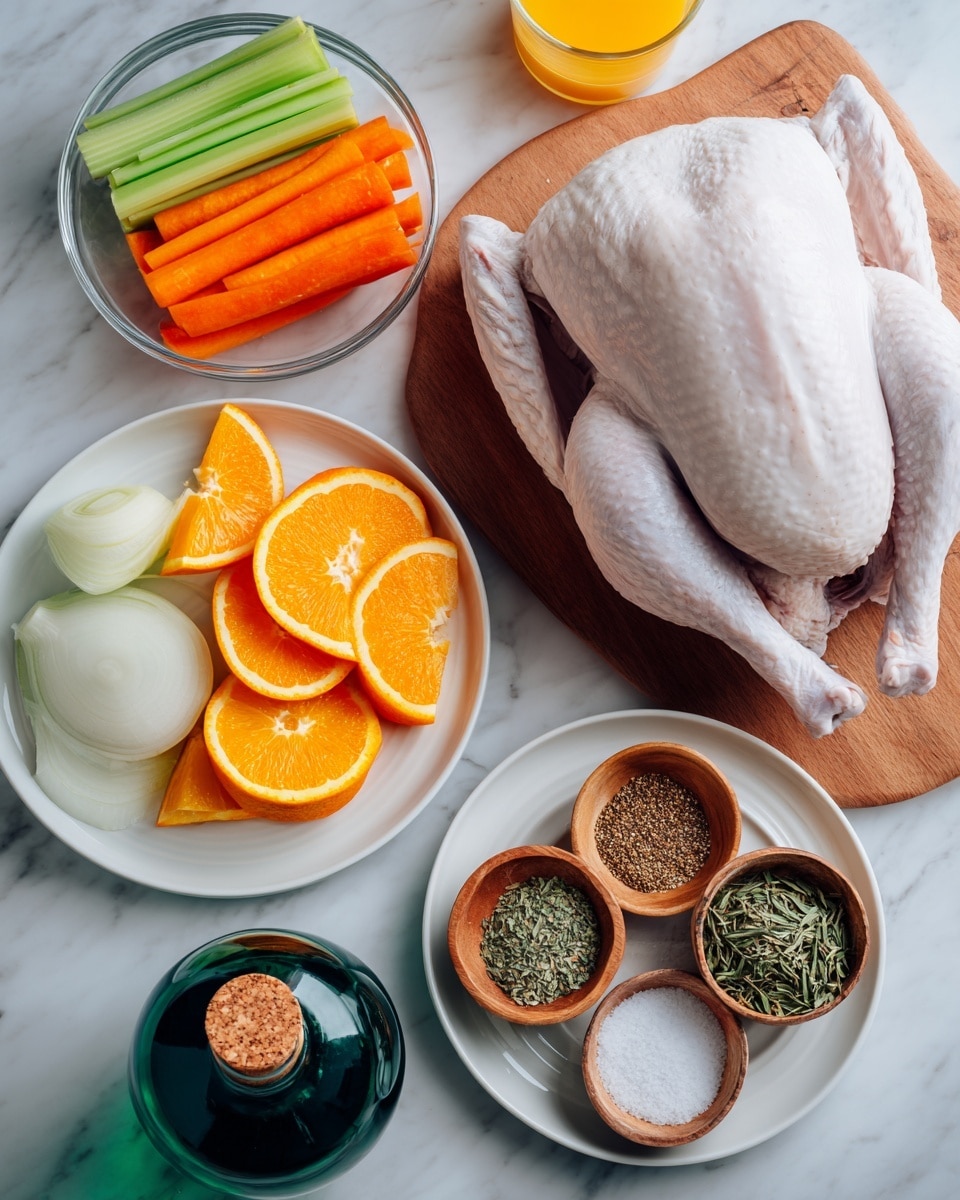 The image shows a whole raw turkey with white skin placed on a wooden board to the right. Below it, there is a clear glass bowl filled with orange juice. On the left side, there are three white plates: the top plate holds orange carrot slices, green celery pieces, and white onion wedges; the middle plate contains orange slices arranged neatly; and the bottom plate holds a mix of dried green herbs and spices. There are also two small wooden bowls filled with salt and mixed spices. A dark green glass bottle with a cork stopper lies near the plates. All items rest on a white marbled surface photo taken with an iphone --ar 4:5 --v 7