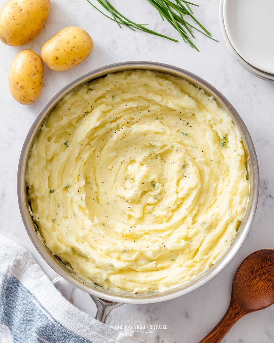 A large silver pot filled with smooth, creamy mashed potatoes that have a pale yellow color and soft texture, with some specks of black pepper visible throughout; the mashed potatoes are swirled gently in the middle creating a slight peak and wave pattern. Around the pot, on a white marbled surface, there are two whole yellow potatoes and a small bunch of green chives to the top left, a wooden spoon at the bottom right, a white plate to the upper right, and a white and blue striped cloth near the lower left corner. photo taken with an iphone --ar 4:5 --v 7