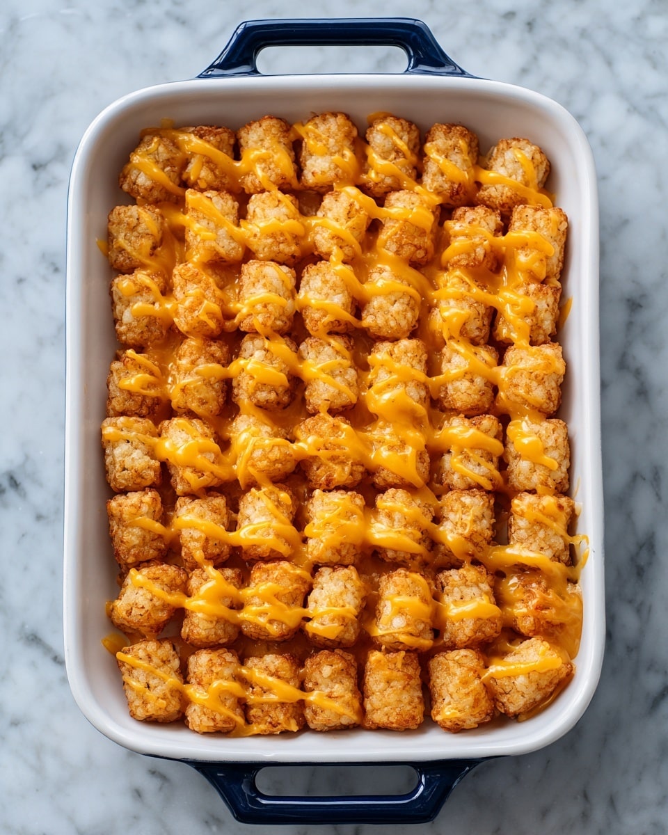 A white rectangular casserole dish filled with neat rows of small, golden brown tater tots all closely packed side by side. On top, melted bright orange cheese is drizzled evenly across the tater tots, adding a glossy texture. The casserole dish has dark blue handles on each side, sitting on a white marbled surface. The tater tots look crispy on the outside with a slightly rough texture. photo taken with an iphone --ar 4:5 --v 7