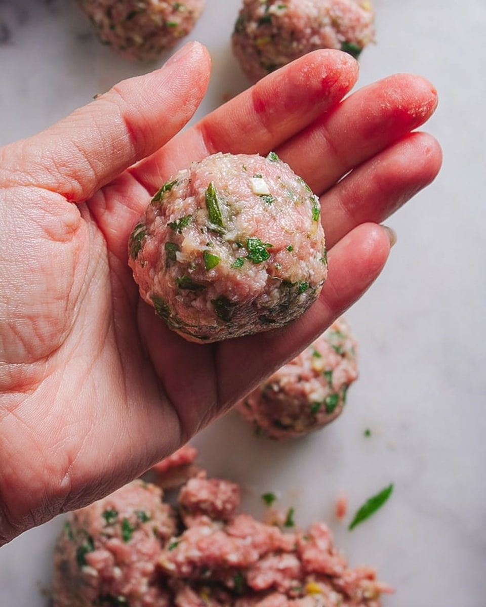 A woman's hand holds a round, raw meatball mixed with green herbs and small white bits. The meatball is rough in texture and pink with green and white specks. Below the hand, on a white marbled surface, there are more raw meatballs and loose meat mixture visible, showing the same colors and texture. The photo is close-up, focused on the hand and meatball. Photo taken with an iphone --ar 4:5 --v 7