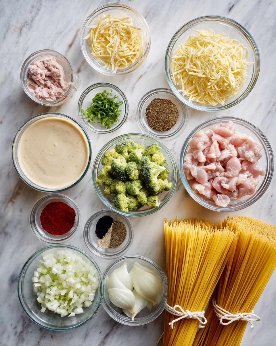 The image shows many small clear glass bowls on a white marbled surface, each holding different ingredients. On the right, there are two bundles of long yellow pasta tied with white strings. Above the pasta are a bowl of shredded pale yellow cheese and a small bowl of chopped green herbs. In the center, there is a bowl with small green broccoli pieces and above it a bowl with pinkish raw chicken pieces. On the left side, there is a large bowl with creamy beige sauce. Surrounding it are smaller bowls holding various spices and seasonings in colors like red, black, white, and light yellow, along with a bowl of chopped white onion. The overall look is clean and organized, ready for cooking. Photo taken with an iphone --ar 4:5 --v 7