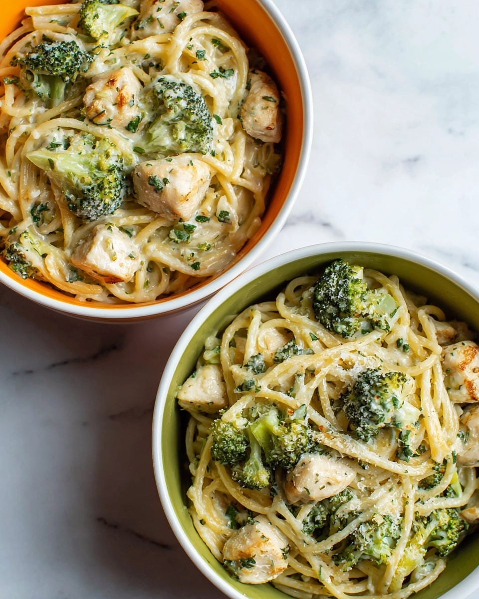 Two bowls of creamy pasta with broccoli and chicken pieces sit side by side on a white marbled surface. Each bowl holds spaghetti noodles coated in a light, creamy sauce speckled with green herbs. Chunky white chicken pieces and small broccoli florets are scattered evenly throughout the pasta layers, adding texture and color. The left bowl is white with an orange inside, and the right bowl is white with a green inside, both showing a generous mix of sauce and ingredients piled in a soft heap. Photo taken with an iphone --ar 4:5 --v 7