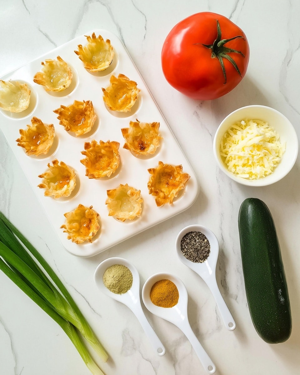 The image shows a white plastic tray with 14 golden-brown mini pastry cups arranged in a grid pattern, each cup having a crispy, slightly ruffled edge. Next to the tray, there is a whole red tomato and a long, dark green cucumber placed on a white marbled surface. Nearby, two long green onion stalks lie horizontally. There are three small white bowls: one filled with light yellow crumbled cheese, another with a clear liquid, and the third with a golden-yellow liquid. Two white porcelain spoons hold spices, one with a black and white mix of pepper and salt, and the other with three different powders in green, yellow, and dark green. The overall scene is bright and neatly arranged. Photo taken with an iphone --ar 4:5 --v 7