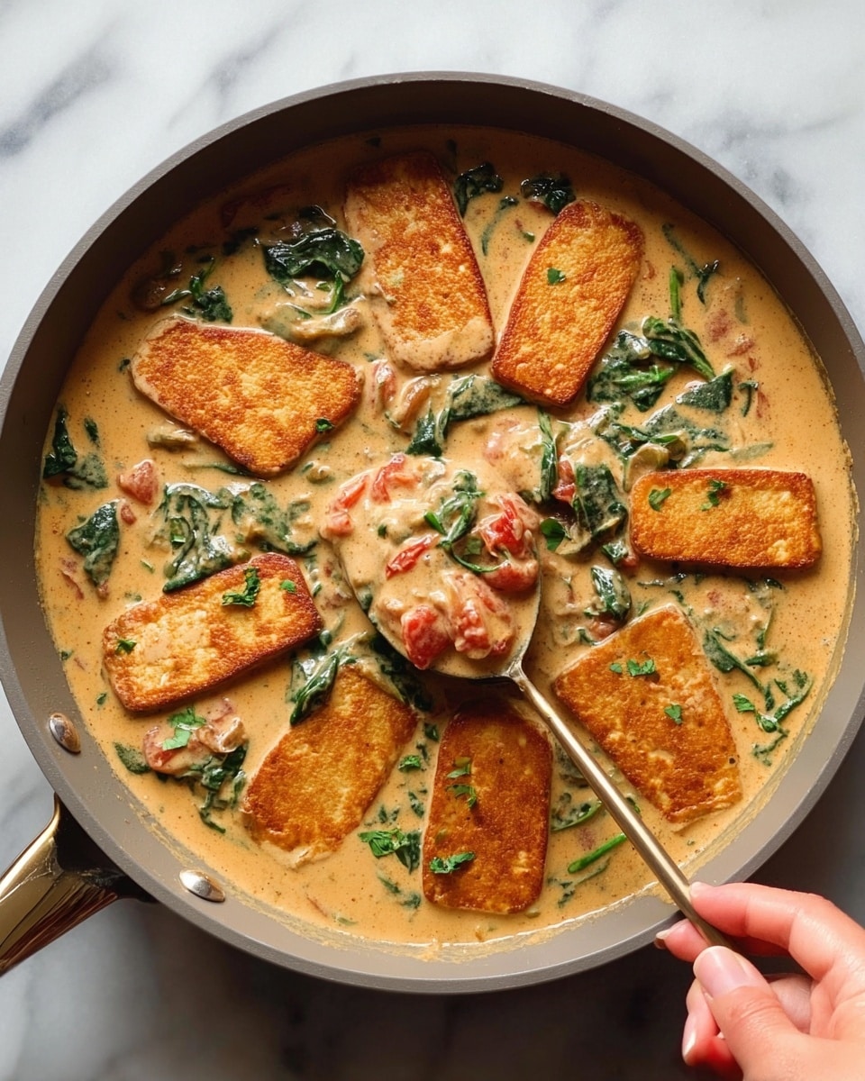A gray pan filled with creamy light brown sauce with visible green spinach leaves and small pieces of red tomato. Seven golden brown pieces of tofu or similar food are partly dipped and floating on the sauce, arranged in a circle. A woman's hand holding a spoon scoops some sauce with tofu from the center. The pan sits on a white marbled surface. photo taken with an iphone --ar 4:5 --v 7