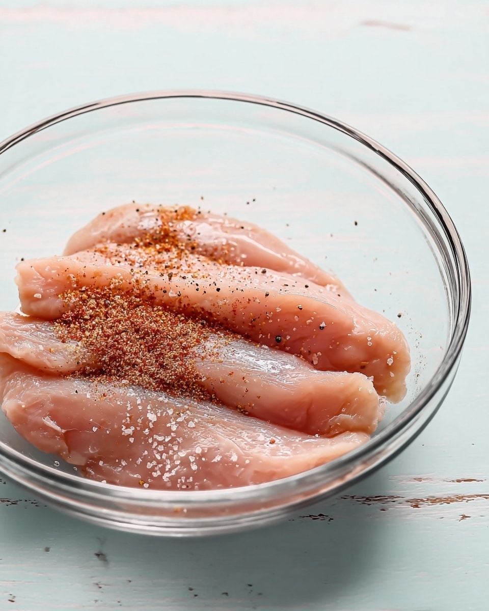 A clear glass bowl holds three raw, pale pink chicken fillets arranged side by side against each other. They are sprinkled evenly with coarse white salt and small black pepper flakes. At the back edge of the bowl, there is a small pile of reddish-brown seasoning powder. The bowl sits on a white marbled surface, with soft natural light reflecting on the bowl's smooth rim. photo taken with an iphone --ar 4:5 --v 7