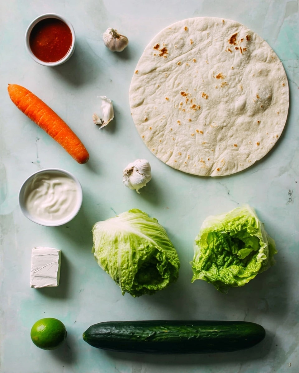 This image shows ingredients neatly arranged on a white marbled surface, with a large round tortilla placed near the top right. Below the tortilla are two small heads of green lettuce with crinkled leaves, a small white bowl filled with white creamy sauce, and a whole green lime. To the left side are a whole bright orange carrot, a single small clove of garlic, and a small white package of soft cheese. A long dark green cucumber stretches across the bottom of the image. At the top left corner, a small white bowl with red sauce is visible. The colors are soft and natural, creating a fresh and clean look. photo taken with an iphone --ar 4:5 --v 7