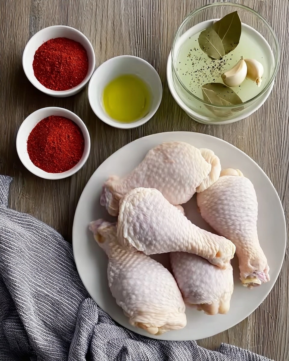 A white plate holds six raw chicken drumsticks, showing pale skin with a bumpy texture, arranged in a slightly overlapping way. To the left of the plate are three small white bowls in a vertical line: the top bowl has bright red powder, the middle bowl also contains red powder but in a finer texture, and the bottom bowl holds a small amount of light yellow oil. Above these bowls is another white bowl with several whole garlic cloves and two bay leaves on top. To the top right of the plate is a clear glass filled with a light green liquid sprinkled with black specks. All items sit on a wooden surface, with a gray and white striped cloth partially seen near the bowls. The photo is taken with an iphone --ar 4:5 --v 7