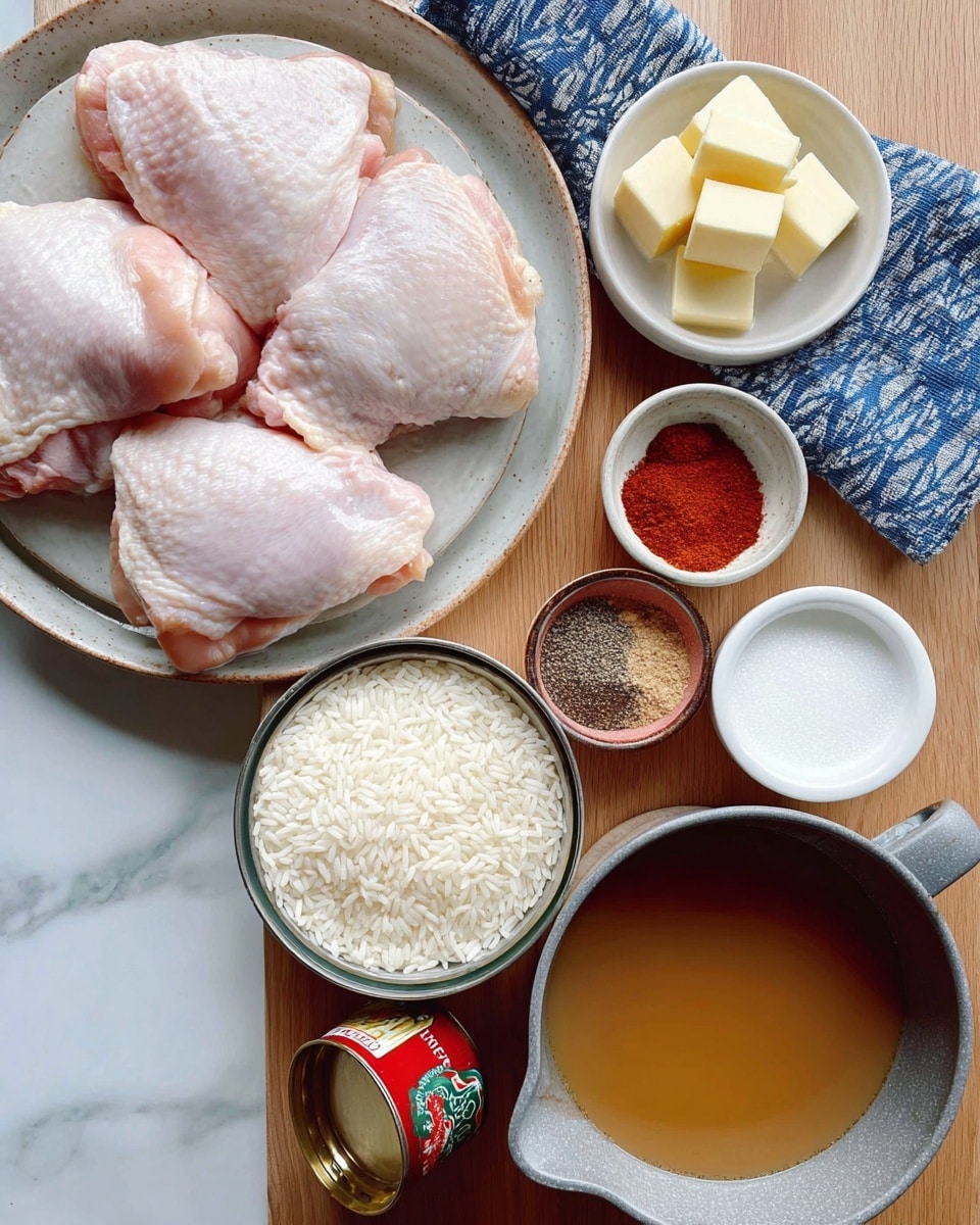 The image shows several raw chicken thighs with pink skin and white fat on a round ceramic plate, placed on a large white plate below it. Next to it is a small white bowl with cubed butter pieces. Above that is a small white bowl containing three piles of spices: red powder, white salt, and black pepper. There is a small can of tomato paste with a red and green label near a blue and white cloth napkin on a wooden surface replaced by white marbled texture. At the bottom, two glass measuring cups are filled with thick white cream on the left and light brown broth on the right. To the left, a metal cup is filled with uncooked white rice grains. Photo taken with an iphone --ar 4:5 --v 7