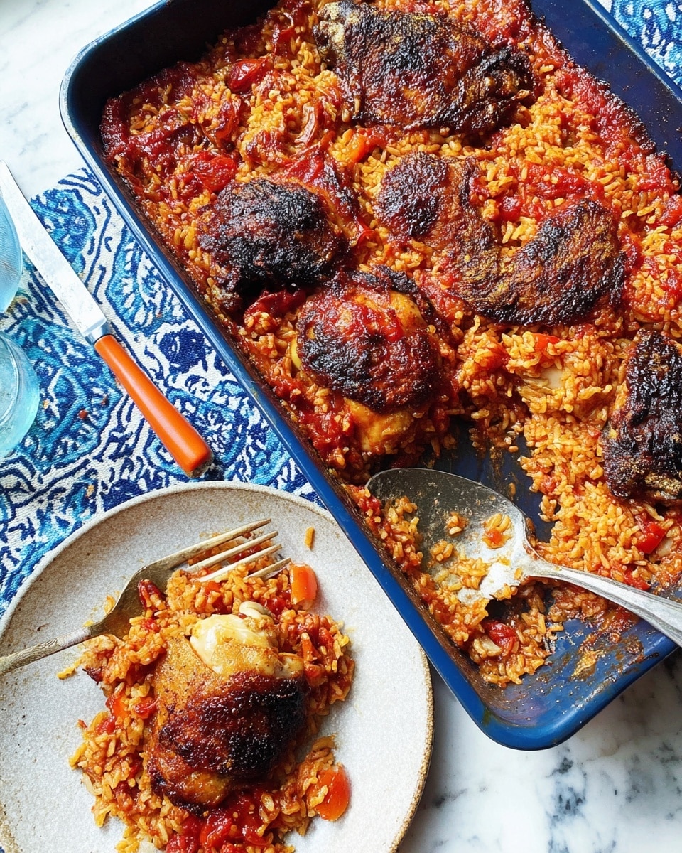 The image shows a rectangular blue baking tray filled with layers of cooked rice and large browned chicken pieces on top, with a rich red sauce spread unevenly across the rice and chicken skin. The rice layer looks slightly sticky and is mixed with bits of cooked tomato or red peppers, giving it a textured, colorful look. Next to the tray, there is a white plate holding a serving of the same rice and chicken, with the chicken skin dark and crispy, and the rice close-packed with red sauce. A silver fork and knife with orange handles sit on the plate. The background surface is white marbled, with a blue and white patterned cloth underneath the plate. A dark spoon is resting in the tray near the rice. photo taken with an iphone --ar 4:5 --v 7