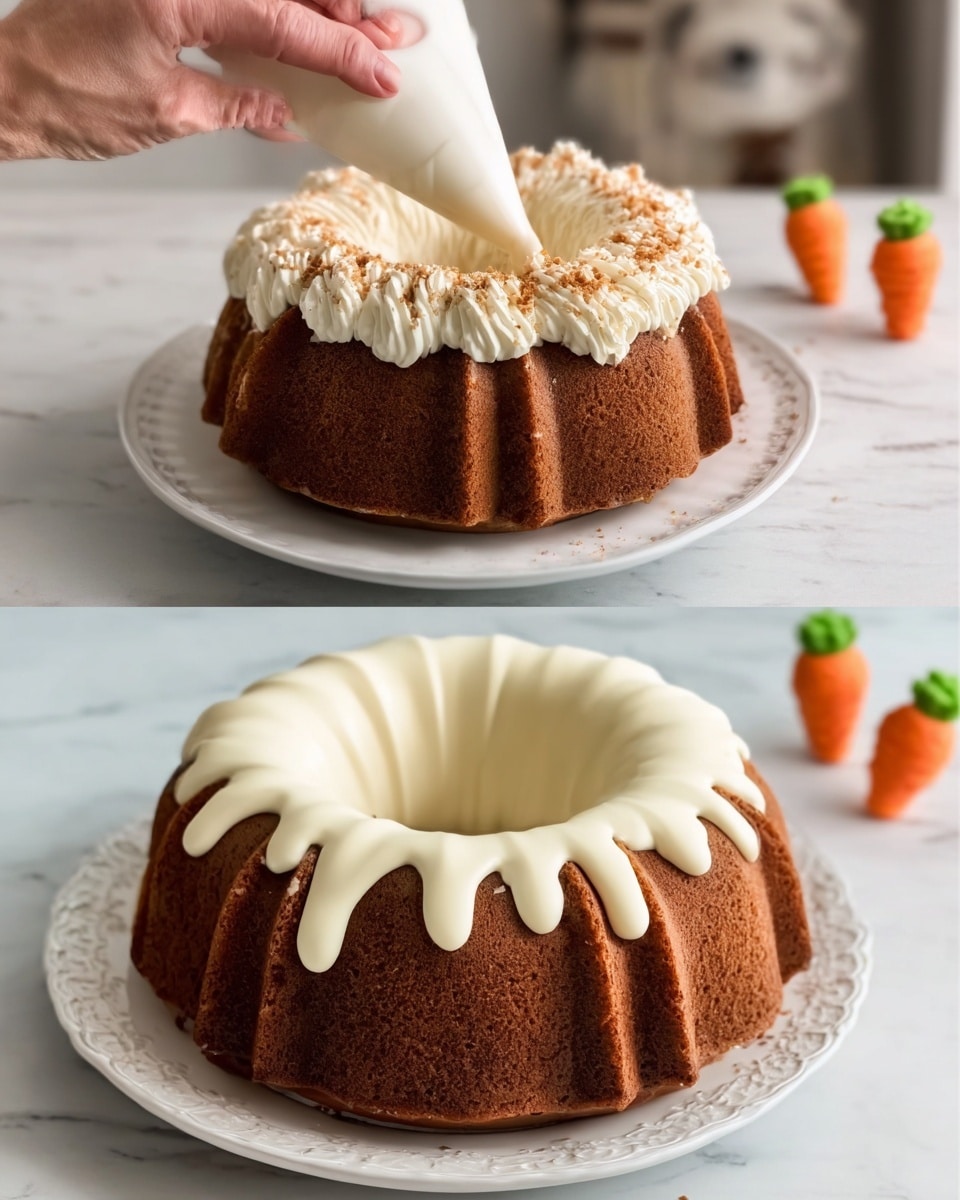 The image shows a bundt cake sitting on a white plate with a scalloped edge, placed on a white marbled surface. The cake is brown and ring-shaped with a smooth, slightly shiny texture. On the first part, thick white frosting is being piped in an even, ridged pattern around the top edge of the cake, forming a clear, round border. In the second part, the cake is covered by creamy white frosting that drips softly down the sides, creating uneven and natural drips. A woman's hand is sprinkling small brown crumbs evenly on top of the frosting near the center hole of the cake. In the background, out of focus, are small decorative carrot figures. Photo taken with an iphone --ar 4:5 --v 7