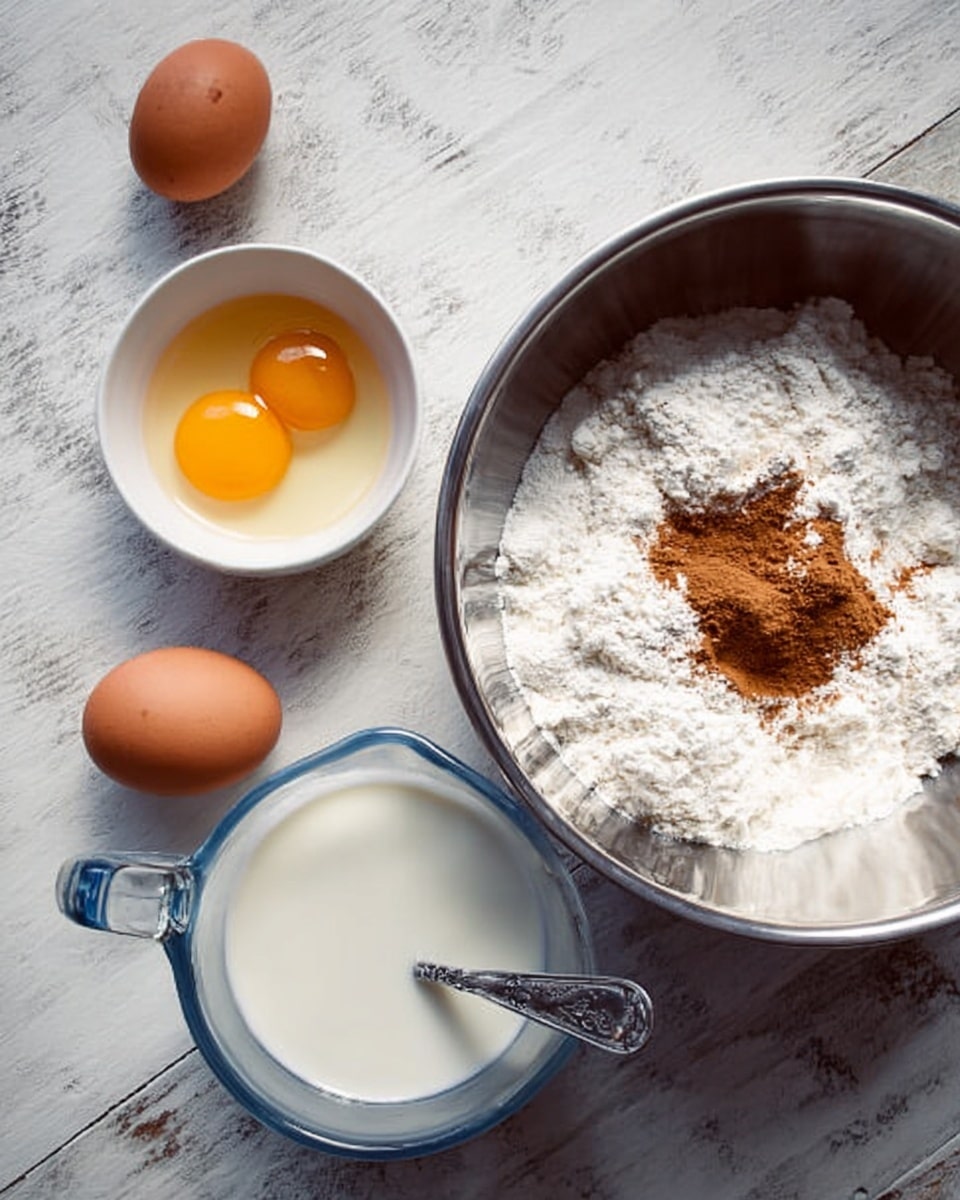 A scene showing ingredients for baking arranged on a white marbled surface. On the left, there is a small white bowl holding one raw egg yolk and eggshell halves, next to two whole eggs. Below the bowl is a clear glass measuring cup filled with milk. On the right side, there is a large metal mixing bowl containing white flour with a small mound of brown cinnamon powder in the center and a spoon resting on the edge. Photo taken with an iphone --ar 4:5 --v 7