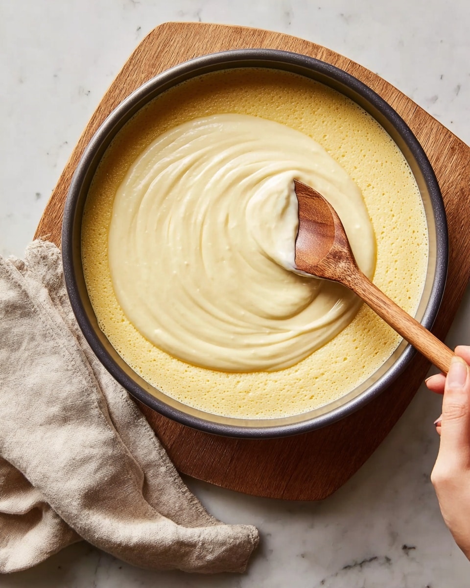 A round dark gray baking pan filled with two layers of soft, creamy custard-like mixture; the bottom layer is slightly golden with a light, airy texture, and the top layer is smooth, pale yellow, being spread evenly with a wooden spoon held by a woman's hand. The pan sits on a small wooden board on a white marbled surface, with a beige cloth napkin folded nearby. Photo taken with an iphone --ar 4:5 --v 7