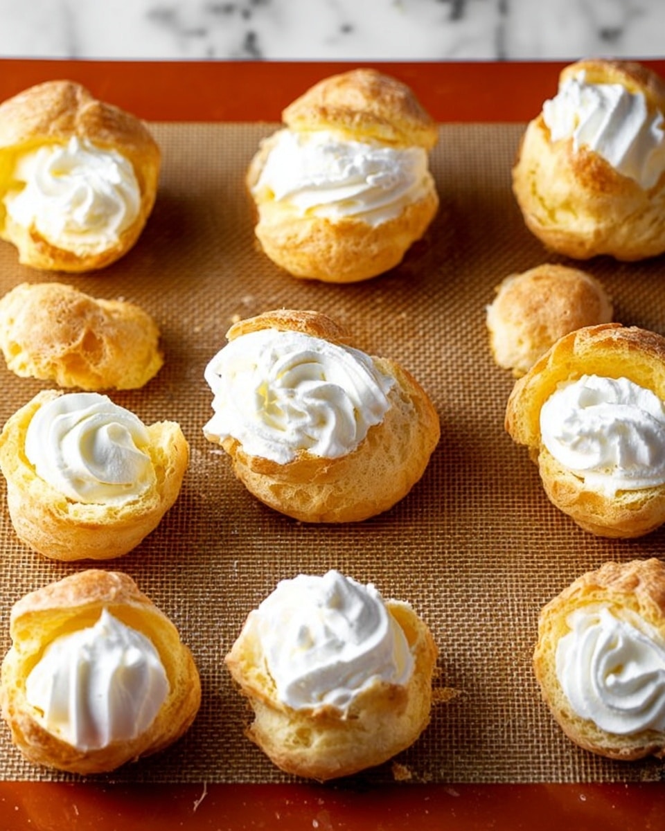 The image shows a baking tray with several cream puffs. Each cream puff has two layers: the bottom layer is a hollow, golden-brown pastry shell with a slightly rough texture, and the top layer is a swirl of smooth, white cream filling placed inside the opened shell tops. The cream has a soft, light texture, piped neatly in the center of each shell. The tray is lined with a brown silicone mat, and the background is a white marbled surface. Photo taken with an iphone --ar 4:5 --v 7